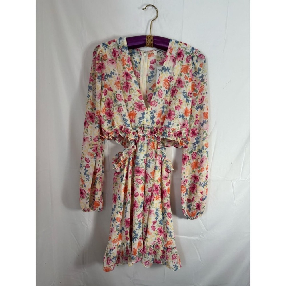 NWT Floral Chiffon Ruffle Cutout Flirty Feminine Cottage Boho Mini Dress Size M